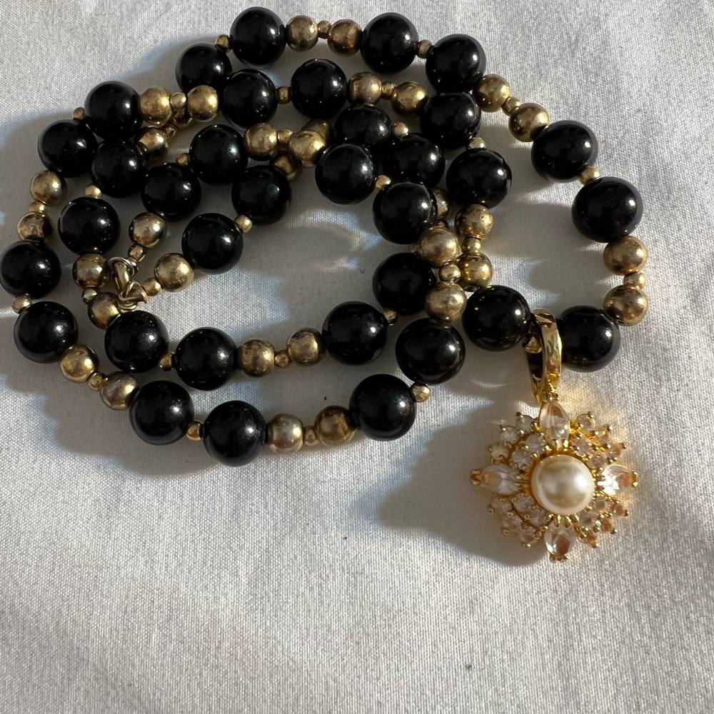 Vintage Black & Gold Beaded Necklace with Sunburst Pearl & Rhinestone Pendant
